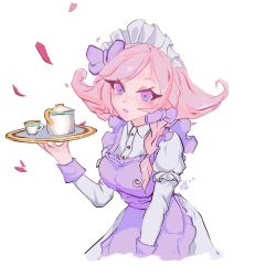 Rule 34 | 1girl, alternate costume, apron, blush, bow, breasts, collared shirt, cropped legs, cup, d:, dress, dress shirt, enmaided, grey dress, hair bow, highres, holding, holding tray, hui shuijiao de yu, juliet sleeves, large breasts, league of legends, long sleeves, maid, maid apron, maid headdress, neeko (league of legends), open mouth, petals, pink apron, pink bow, pink eyes, puffy sleeves, shirt, simple background, solo, teacup, tray, white background