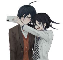 Rule 34 | 2boys, :d, ahoge, arm at side, arm up, black hair, blouse, blush, brown eyes, brown jacket, brown vest, cellphone, checkered clothes, checkered neckwear, collared shirt, danganronpa (series), danganronpa 10th anniversary costume, danganronpa v3: killing harmony, dress shirt, flipped hair, frown, grey jacket, holding, iumi urura, jacket, looking at phone, male focus, multiple boys, official alternate costume, open clothes, open jacket, open mouth, oma kokichi, phone, purple eyes, purple shirt, saihara shuichi, selfie, shirt, short hair, simple background, smartphone, smile, teeth, upper teeth only, vest, white background