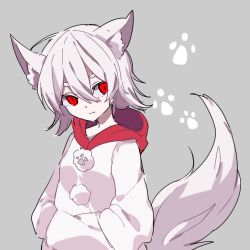 Rule 34 | 1girl, alternate costume, animal ear fluff, animal ears, bing zizi, chewing, colored eyelashes, expressionless, grey background, hair between eyes, hands in pockets, hood, hood down, hoodie, inubashiri momiji, long sleeves, looking to the side, paw print, paw print background, pom pom (clothes), print hoodie, red eyes, red hood, short eyebrows, short hair, silver hair, sketch, solo, tail, touhou, upper body, white hoodie, wolf ears, wolf tail