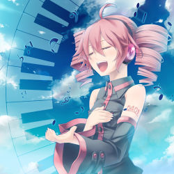 Rule 34 | 1girl, ahoge, bad id, bad pixiv id, binzoko megane (san-inch), detached sleeves, drill hair, closed eyes, hand on own chest, headphones, headset, kasane teto, music, musical note, open mouth, piano keys, pink hair, singing, smile, solo, twin drills, twintails, utau, vocaloid, yumeno mikan