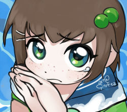 Rule 34 | 1girl, blue background, blue collar, brown hair, child, close-up, closed mouth, collar, collared shirt, ears, eyelashes, freckles, frown, girutea, green eyes, green hair ornament, green shirt, indie virtual youtuber, lily hopkins, looking at viewer, meme, messy hair, no bitches? (meme), own hands clasped, shirt, simple background, source request, tagme, tears, virtual youtuber, water background