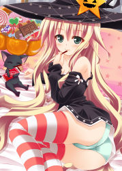 Rule 34 | 1girl, animal, arm support, ass, bare shoulders, bed sheet, blonde hair, breasts, candy, cat, chocolate, chocolate bar, cleavage, closed eyes, dress, eating, food, green eyes, green panties, halloween, hat, highres, long hair, lying, medium breasts, on side, original, panties, pocky, sitting, smile, solo, star (symbol), striped clothes, striped thighhighs, thighhighs, underwear, usaginezumi, very long hair, witch hat