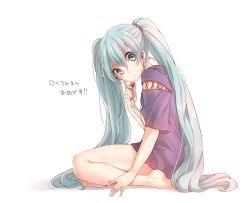 Rule 34 | 1girl, aqua eyes, aqua hair, barefoot, earphones, full body, hatsune miku, long hair, looking at viewer, rojiko, simple background, sitting, solo, translation request, twintails, very long hair, vocaloid, white background