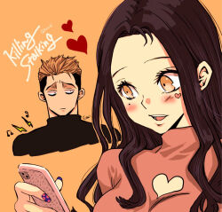 Rule 34 | 1boy, 1girl, blue nails, blush, breasts, brown eyes, brown hair, cleavage cutout, clothing cutout, copyright name, facial mark, forehead, heart, heart facial mark, holding, holding phone, jitome, killing stalking, large breasts, lightning bolt symbol, min jieun, mole, mole under eye, musical note, open mouth, orange background, phone, pink nails, smile, user umkm3842