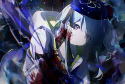 Rule 34 | 1boy, abstract background, arknights, beret, black background, black shirt, blood, blood on clothes, blood on face, blue hair, blue hat, clothing cutout, commentary request, glitch, hat, highres, hood, hoodie, infection monitor (arknights), leaning forward, light blue hair, looking at viewer, male focus, mizuki (arknights), monv ank, purple eyes, shirt, shoulder cutout, sidelocks, smile, solo, squatting, upper body, white hoodie