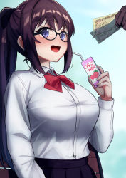 Rule 34 | 1girl, :d, absurdres, black-framed eyewear, blush, bow, breasts, dark skin, drink, glasses, hand up, highres, holding, holding drink, juice box, karaage bou, large breasts, long hair, long sleeves, money, open mouth, original, red bow, school uniform, smile, solo focus, uniform