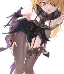 Rule 34 | 1girl, absurdres, asymmetrical legwear, black gloves, black leotard, black pantyhose, black thighhighs, blonde hair, bow, bowtie, breasts, commentary, cowboy shot, detached sleeves, doneen69, english commentary, eyepatch, fischl (genshin impact), fishnets, garter straps, genshin impact, gloves, green eyes, highres, leaning forward, leotard, long hair, looking at viewer, medium breasts, open mouth, pantyhose, purple bow, purple bowtie, see-through, simple background, single glove, solo, thighhighs, thighs, uneven legwear, white background