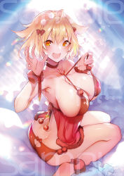 Rule 34 | 1girl, :d, ahoge, anklet, armpits, ass, babydoll, bare shoulders, blonde hair, braid, breasts, butt crack, choker, cleavage, commentary request, crown braid, fang, hair between eyes, hair ribbon, highres, jewelry, keyhole panties, large breasts, looking at viewer, o-ring, o-ring top, open mouth, orange eyes, panties, pyon-kichi, red babydoll, red panties, ribbon, sample watermark, shindou yuusha to maid oneesan, short hair, sideboob, sitting, smile, solo, strap pull, thick eyebrows, underwear, wariza, watermark, wrist cuffs