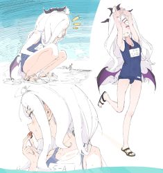 Rule 34 | 1girl, 1other, ^ ^, ahoge, bare arms, bare legs, bare shoulders, black footwear, blue archive, blue one-piece swimsuit, blush, closed eyes, collarbone, commentary request, grin, gz (gzdteee), highres, hina (blue archive), hina (swimsuit) (blue archive), horns, interlocked fingers, long hair, low wings, multiple horns, multiple views, name tag, notice lines, old school swimsuit, one-piece swimsuit, parted bangs, pee, peeing, purple eyes, purple wings, sandals, school swimsuit, smile, squatting, standing, standing on one leg, stretching, swimsuit, very long hair, water, whistle, whistle around neck, white footwear, white hair, wings