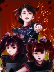 Rule 34 | 3girls, babymetal, black hair, bow, character request, fire, long hair, lsize, multiple girls, ponytail, punching, purple hair, red hair, tagme, twintails