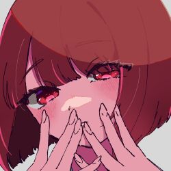 Rule 34 | 1girl, arima kana, blush, bob cut, grey background, hand on own hip, highres, inverted bob, light blush, looking at viewer, nail, oshi no ko, r xly0, red eyes, red hair, short hair, simple background, solo