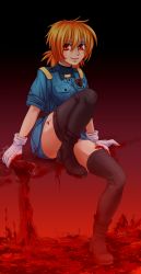Rule 34 | 1girl, absurdres, blonde hair, blood, blood bag, boots, breasts, full body, gloves, hellsing, highres, large breasts, looking at viewer, miniskirt, orika nekoi, red eyes, seras victoria, short hair, skirt, smile, solo, thigh boots, thighhighs, uniform, vampire, zettai ryouiki