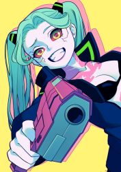 Rule 34 | 1girl, aiming, aiming at viewer, artificial eye, black bra, blue jacket, bra, breasts, collarbone, colored sclera, colored skin, commentary, cyberpunk (series), cyberpunk edgerunners, english commentary, finger on trigger, green hair, grin, headgear, holding, holding weapon, jacket, jellypon, long hair, looking at viewer, mechanical eye, medium breasts, neck tattoo, raised eyebrow, rebecca (cyberpunk), red pupils, red sclera, samurai jacket (cyberpunk), smile, solo, tattoo, teeth, twintails, underwear, weapon, white skin, yellow background, yellow eyes