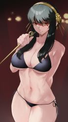 Rule 34 | 1girl, absurdres, arm behind back, bikini, black bikini, black hair, breasts, collarbone, dagger, earrings, eyelashes, flower, gold earrings, gold hairband, gradient background, grin, hair flower, hair ornament, hairband, halterneck, highres, holding, holding dagger, holding knife, holding weapon, jewelry, kataku musou, knife, large breasts, long hair, looking at viewer, navel, parted lips, red background, red eyes, rose, shaded face, side-tie bikini bottom, sidelocks, smile, solo, spikes, spy x family, stiletto (weapon), stomach, string bikini, swimsuit, weapon, yor briar