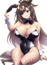 Rule 34 | 1girl, ahoge, animal ears, black bow, black bowtie, black leotard, bow, bowtie, breasts, cleavage, detached collar, duramente (umamusume), fake animal ears, feet out of frame, fishnet pantyhose, fishnets, highres, horse ears, horse girl, horse tail, large breasts, leotard, nontraditional playboy bunny, pantyhose, pataneet, rabbit ears, simple background, sitting, solo, strapless, strapless leotard, tail, umamusume, white background, wrist cuffs