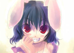 Rule 34 | 1girl, animal ears, female focus, gradient background, grin, inaba tewi, okotan (dewdrops), rabbit ears, smile, solo, touhou