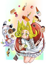 Rule 34 | 2girls, :q, absurdres, animal ears, black pants, blonde hair, blush, cake, candy, chef, chef hat, child, chocolate, chocolate bar, chocolate doughnut, closed mouth, commentary request, cookie, dog ears, doitsuken, doughnut, dress, falling, food, food request, fork, fox ears, fox tail, hat, highres, holding, holding fork, holding knife, ice cream cone, knife, light purple hair, lollipop, long hair, looking at another, looking at viewer, multiple girls, multiple tails, neck ribbon, neckerchief, oreo, pants, parfait, pastry, red eyes, red neckerchief, red ribbon, ribbon, ribbon-trimmed dress, shoes, short eyebrows, short hair, short sleeves, slit pupils, smile, sprinkles, strawberry shortcake, sweets, tail, thick eyebrows, tongue, tongue out, two tails, upside-down, white dress