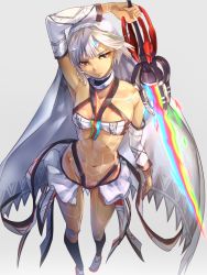 Rule 34 | 10s, 1girl, altera (fate), arm up, bad id, bad pixiv id, bare shoulders, black legwear, closed mouth, commentary request, dark skin, dark-skinned female, detached sleeves, fate/extella, fate/extra, fate/grand order, fate (series), from above, holding, holding sword, holding weapon, kaigo, midriff, navel, photon ray (fate), red eyes, revision, short hair, simple background, solo, sword, veil, weapon, white hair