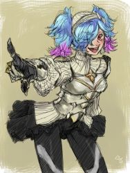 Rule 34 | 1girl, armor, blue hair, fire emblem, fire emblem fates, guru0 0maru, hair over one eye, highres, looking at viewer, multicolored hair, nintendo, open mouth, peri (fire emblem), pink hair, pointing, pointing at viewer, red eyes, skirt, two-tone hair