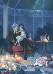 Rule 34 | 1boy, 1girl, age difference, barefoot, box, brown hair, candle, chair, contemporary, crescent moon, cup, dress, drinking glass, flower, formal, glass, hat, inuyasha, jaken, lantern, lantern on liquid, crossed legs, moon, night, paper lantern, petals, plant, pointy ears, pool, ribbon, rin (inuyasha), rose, rose petals, sesshoumaru, signature, silver hair, sitting, sitting on lap, sitting on person, suit, tokiko (psychopomp), top hat, water, white dress, wine glass