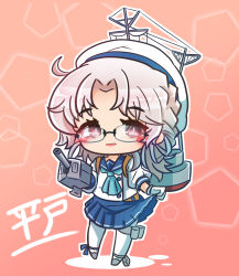 Rule 34 | 1girl, adapted turret, aqua neckwear, asimo953, blue neckwear, blue sailor collar, blue skirt, brown eyes, character name, chibi, commentary request, depth charge, full body, gloves, gradient hair, hat, hirato (kancolle), kantai collection, long sleeves, looking at viewer, machinery, multicolored hair, open mouth, parted bangs, pentagon (shape), pink background, pleated skirt, ribbon, rigging, rimless eyewear, sailor collar, sailor hat, school uniform, serafuku, short hair, silver hair, skirt, solo, standing, thighhighs, turret, wavy hair, white gloves, white hat, white thighhighs