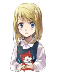 Rule 34 | 1girl, :o, aged down, blonde hair, blue eyes, character doll, crossover, expressionless, fullmetal alchemist, holding, jibanyan, long sleeves, looking away, open mouth, riru, shirt, short hair, simple background, solo, traditional youkai, upper body, white background, white shirt, winry rockbell, youkai watch