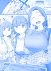 Rule 34 | 3girls, ?, ^ ^, adidas, ai-chan&#039;s mother (tawawa), ai-chan&#039;s sister (tawawa), ai-chan (tawawa), bag, banknote, between breasts, blue theme, breasts, cash register, change purse, closed eyes, collarbone, comic, commentary request, flying sweatdrops, forehead, getsuyoubi no tawawa, handbag, highres, himura kiseki, large breasts, long hair, money, monochrome, mother and daughter, multiple girls, puma (brand), short hair, siblings, sidelocks, silent comic, sisters, strap between breasts, thought bubble, translation request, yen, yen sign