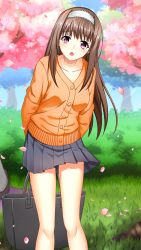 Rule 34 | 1girl, arms behind back, bag, brown hair, cardigan, cherry blossoms, collarbone, day, doukyuusei another world, game cg, grey skirt, hairband, holding, holding bag, kakyuusei, leaning forward, long hair, long sleeves, looking at viewer, miniskirt, official art, open mouth, outdoors, pleated skirt, red eyes, skirt, solo, spring (season), standing, very long hair, white hairband, yellow cardigan, yuuki mizuho