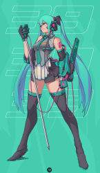 Rule 34 | 1girl, 39, absurdres, arm tattoo, artist name, blue eyes, blue hair, blue necktie, boots, breasts, cable, hair between eyes, hatsune miku, highres, holding, holding cable, holding microphone, long hair, looking up, md5 mismatch, mecha musume, medium breasts, microphone, microphone stand, necktie, smallwant25, solo, tattoo, thigh boots, thighhighs, twintails, very long hair, vocaloid, watermark