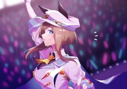 Rule 34 | 1girl, animal ears, arm up, ascot, blue eyes, blurry, blurry background, breasts, brown hair, cape, cheval grand (umamusume), collared shirt, concert, gloves, hat, hat belt, horse ears, jacket, long hair, long sleeves, looking at viewer, medium breasts, motion lines, multicolored hair, notice lines, open mouth, renma (renma 0503), shirt, sideways glance, sideways mouth, solo, streaked hair, sweat, twitter username, umamusume, upper body, watermark, white gloves, white hat, white jacket, yellow ascot