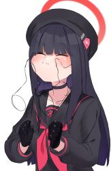 Rule 34 | 1girl, 1other, absurdres, beret, black choker, black gloves, black hair, black headwear, black serafuku, blue archive, blunt ends, blush, choker, closed eyes, collarbone, disembodied limb, gloves, halo, hands on another&#039;s cheeks, hands on another&#039;s face, hat, highres, justice task force member (blue archive), long hair, neckerchief, ramyun (shcks97), red halo, red neckerchief, school uniform, serafuku, sidelocks, simple background, upper body, very long hair, white background