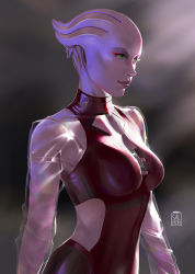 Rule 34 | 1girl, absurdres, alien, artist logo, asari (mass effect), blurry, blurry background, breasts, cleavage, cleavage cutout, clothing cutout, collar, colored skin, cowboy shot, dress, eleonora lisi, eyeliner, green eyes, highres, long sleeves, looking to the side, mass effect (series), medium breasts, purple lips, purple skin, realistic, red collar, red dress, red eyeliner, see-through, see-through sleeves, side cutout, simple background, skin tight, solo, standing, tentacle hair