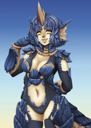 Rule 34 | 1girl, arm behind back, barbariank, blue dragon (d&amp;d), blue hair, breasts, center opening, cleavage, dark-skinned female, dark skin, dragon girl, dungeons &amp; dragons, horns, monster girl, navel, pointy ears, scales, short hair, single horn, slit pupils, smile, solo, tail, thighhighs, yellow eyes