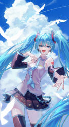 Rule 34 | 1girl, :d, absurdly long hair, absurdres, bird, black skirt, black sleeves, black thighhighs, blue eyes, blue hair, blue nails, blue necktie, cloud, collared shirt, cumulonimbus cloud, detached sleeves, grey shirt, hair between eyes, hair ornament, hatsune miku, headphones, headset, highres, long hair, long sleeves, microphone, miniskirt, mshita 70, nail polish, necktie, open mouth, outstretched hand, pleated skirt, shirt, skirt, sleeveless, sleeveless shirt, smile, solo, standing, thighhighs, twintails, very long hair, vocaloid, white bird, wide sleeves, wing collar, zettai ryouiki