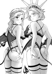 2girls absurdres ass back bat_bra black_panties blush breasts commentary_request demon_costume demon_panties demon_tail demon_wings fishnet_thighhighs fishnets folded_ponytail from_behind greyscale highres kuroki_yuushin large_breasts long_hair looking_back mole mole_under_eye monochrome multiple_girls original panties statue_of_liberty tail thighhighs thighs underwear wings