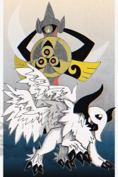 Rule 34 | 359yuyu, absol, aegislash, alternate color, claws, creatures (company), feathered wings, full body, game freak, gen 3 pokemon, gen 6 pokemon, horns, looking down, mega absol, mega pokemon, nintendo, no humans, pokemon, pokemon (creature), red eyes, shield, shiny pokemon, solo, standing, sword, veins, weapon, white hair, wings, yellow eyes
