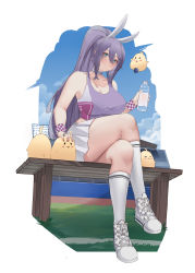 Rule 34 | 1girl, absurdres, animal ears, aqua eyes, azur lane, blush, bottle, breasts, choker, collarbone, crossed legs, earrings, fake animal ears, grass, grey hair, highres, holding, holding bottle, intrepid (azur lane), jewelry, large breasts, long hair, looking at viewer, manjuu (azur lane), milephunter, mole, mole on breast, ponytail, red wristband, shoes, sitting, skirt, sky, sneakers, socks, tank top, thighs, very long hair, white choker, white skirt, white socks, wooden chair, wristband