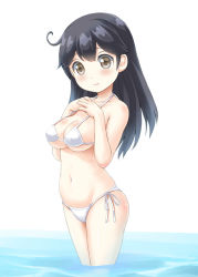 Rule 34 | 10s, 1girl, ahoge, bad id, bad pixiv id, bikini, black hair, blush, breasts, brown eyes, cleavage, covered erect nipples, female focus, gale kawaii, hands on own chest, highres, kantai collection, large breasts, long hair, looking at viewer, navel, school uniform, side-tie bikini bottom, solo, standing, swimsuit, underboob, ushio (kancolle), wading, water, white bikini