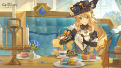 Rule 34 | bad source, bare shoulders, blue eyes, blue flower, cake, candle, closed mouth, cooking, cup, day, drill hair, flower, food, genshin impact, hat, hat flower, highres, indoors, jewelry, logo, long hair, mug, navia (genshin impact), official art, official wallpaper, plate, sitting, smile, solo, wheel