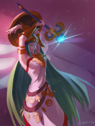 Rule 34 | ancient greek clothes, armlet, artist name, bare shoulders, breasts, chiton, closed eyes, collar, dress, forehead jewel, gold, green eyes, green hair, highres, jewelry, kid icarus, kid icarus uprising, laurel crown, long hair, nintendo, palutena, parted bangs, pendant, spiffydc, strapless, strapless dress, twitter username, vambraces, very long hair, white dress