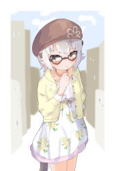 Rule 34 | 1girl, absurdres, beret, black hair, blush, brown hat, dress, embarrassed, floral print, frilled sleeves, frills, from above, grey hair, hat, highres, jacket, jewelry, kemono friends, kemono friends 3, long sleeves, looking at viewer, looking up, meerkat (kemono friends), meerkat ears, meerkat tail, multicolored hair, necklace, official alternate costume, open clothes, open jacket, short hair, solo, sundress, toro orororo, white dress, yellow eyes, yellow jacket