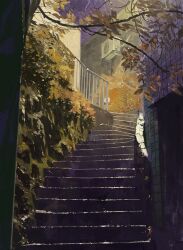 air_conditioner branch building highres original painting_(medium) plant railing rock scenery shadow slow_d stairs traditional_media tree