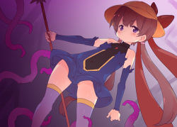 Rule 34 | 1girl, alternate costume, brown hair, detached sleeves, dress, hat, holding, holding wand, long hair, name connection, petenshi (dr. vermilion), purple eyes, school hat, smile, solo, strapless, strapless dress, sweatdrop, tentacles, thighhighs, tsukuyomi ai, twintails, very long hair, voiceroid, wand, worried