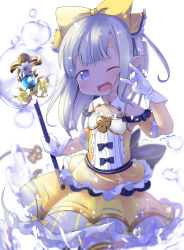 Rule 34 | 10s, 1girl, ;d, \m/, bare shoulders, black bow, blue eyes, blunt bangs, blurry, bow, clothing cutout, collarbone, cowboy shot, dress, flat chest, frilled bow, frills, gloves, granblue fantasy, hair bow, hand up, harvin, highres, holding, holding wand, large bow, layered skirt, lilulu, long hair, looking at viewer, magical girl, makuran, one eye closed, open mouth, pointy ears, short sleeves, shoulder cutout, silver hair, simple background, skirt, smile, solo, standing, tareme, thighhighs, wand, white background, white gloves, yellow bow, yellow skirt, zettai ryouiki