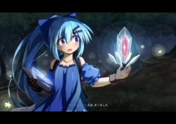 Rule 34 | 1girl, blue bow, blue eyes, blue hair, blush, bow, crystal, flower knight girl, hair bow, letterboxed, long hair, looking at viewer, mizunashi (second run), nerine (flower knight girl), ponytail, solo, translated
