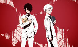Rule 34 | 2boys, absurdres, awarin, black hair, blue eyes, book, bowler hat, collared shirt, commentary, hand in pocket, hat, high contrast, highres, holding, holding book, holding clothes, holding hat, male focus, multiple boys, neck tattoo, norman (yakusoku no neverland), number tattoo, pants, parted lips, ray (yakusoku no neverland), shirt, tattoo, unworn hat, unworn headwear, white hair, white pants, white shirt, yakusoku no neverland