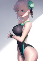 Rule 34 | 1girl, asymmetrical hair, black one-piece swimsuit, black wristband, blue eyes, bun cover, competition swimsuit, cowboy shot, fang, fate/grand order, fate (series), flying sweatdrops, hair bun, highres, imizu (nitro unknown), long hair, looking at viewer, miyamoto musashi (fate), miyamoto musashi (fate/grand order), miyamoto musashi (swimsuit berserker) (fate), miyamoto musashi (swimsuit berserker) (first ascension) (fate), one-piece swimsuit, open mouth, pink hair, single hair bun, skin fang, smile, solo, swept bangs, swimsuit, wide hips, wristband