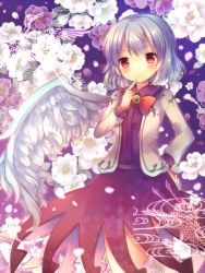 Rule 34 | 1girl, angel wings, bow, brooch, coa (chroo x), dress, finger to mouth, flower, hand on own hip, jacket, jewelry, kishin sagume, long sleeves, looking at viewer, open clothes, open jacket, purple dress, red eyes, silver hair, single wing, smile, solo, touhou, wings