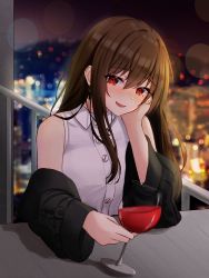 Rule 34 | 1girl, :d, absurdres, alcohol, black shawl, blouse, blurry, blurry background, brown hair, building, city lights, cityscape, collared shirt, cup, drinking glass, hair between eyes, head on hand, highres, kano (wi3028), looking at viewer, night, open mouth, original, outdoors, railing, red eyes, shawl, shirt, sidelocks, sitting, sleeveless, sleeveless shirt, smile, solo, table, white shirt, wine, wine glass