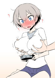 Rule 34 | 1girl, :d, ?, blue eyes, blush, grabbing another&#039;s breast, breasts, controller, ear blush, fang, game controller, grabbing, grabbing from behind, grey hair, hair between eyes, hitotose rin, large breasts, nose blush, open mouth, short hair, shorts, simple background, skin fang, smile, solo focus, sweat, nervous sweating, uzaki-chan wa asobitai!, uzaki hana, v-shaped eyebrows, white background